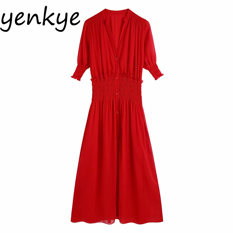 Spring Women Elastic Waist Red Dress Female Short Sleeve V Neck A-line Chiffon Long Party vestido 210430