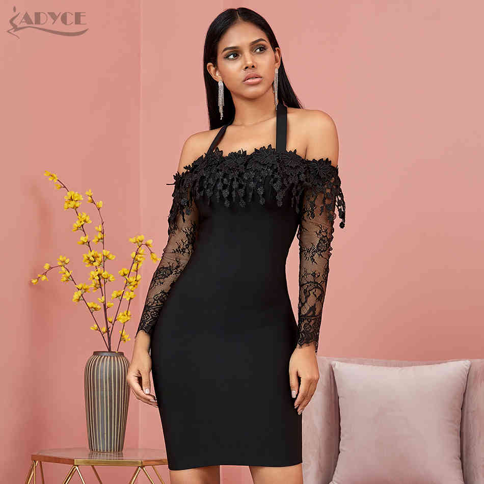 Winter Lace Off Shoulder Bandage Dress Women Sexy Long Sleeve Black Club Celebrity Evening Runway Party Dresses 210423