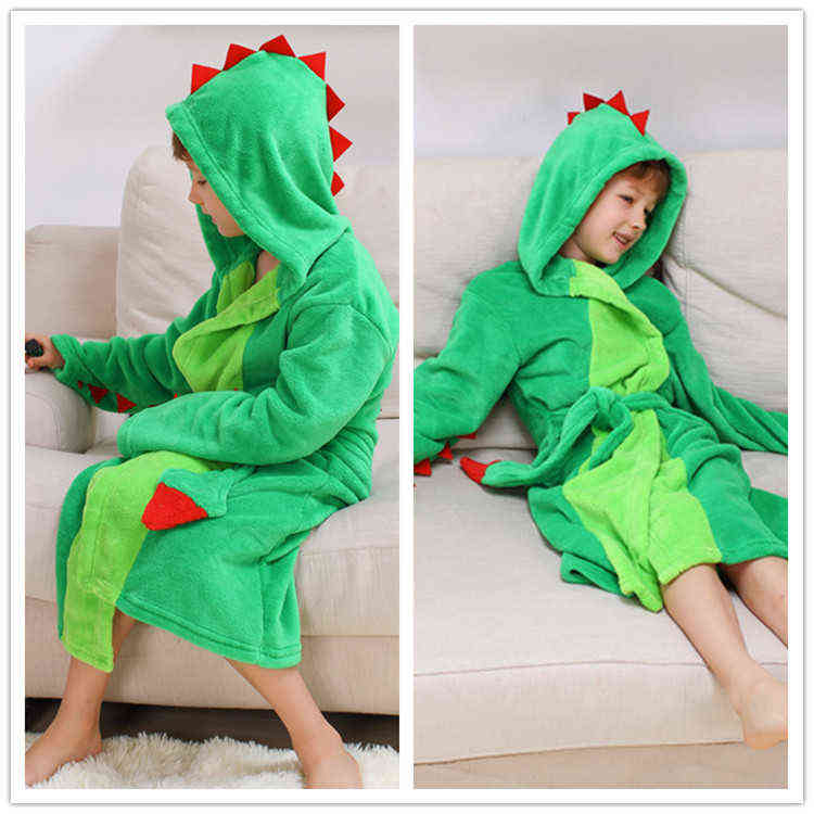 Girls Boys' Plush Hooded Bathrobe - Dinosaur Fleece Robe 211130