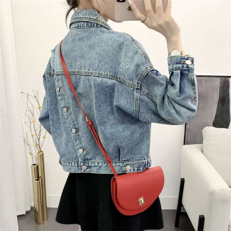 [EWQ] Autumn Full Sleeve Turn-down Collar Loose Women Cowboy Coats Korea Style 1 Blue Short Denim Jacket QZ346 210928