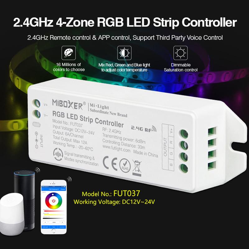 FUT037(upgrade)2.4GHz 4-Zone RGB Controller DC12~24V Dimmable Led Driver 6A/Channel Can Remote/voice Control For Strip Controllers
FUT037(upgrade)2.4GHz 4-Zone RGB Controller DC12~24V Dimmable Led Driver 6A/Channel Can Remote/voice Control For Strip Controllers