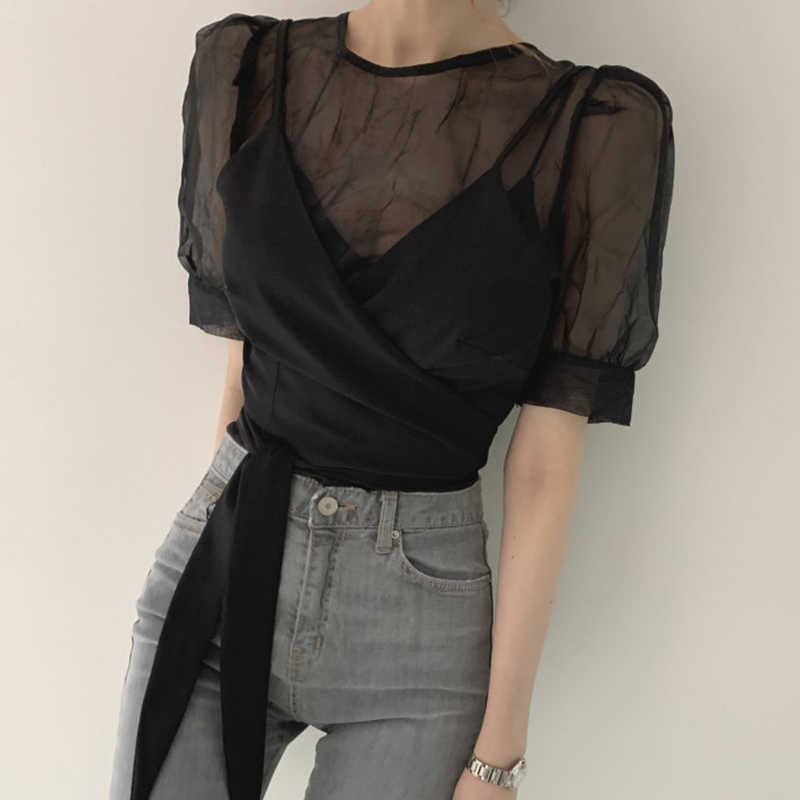 Korejpaa Women Shirt Summer Korean Chic Ladies Elegant Temperament Round Neck Puff Sleeve Blouses Cross Tie Sling Suits 210526