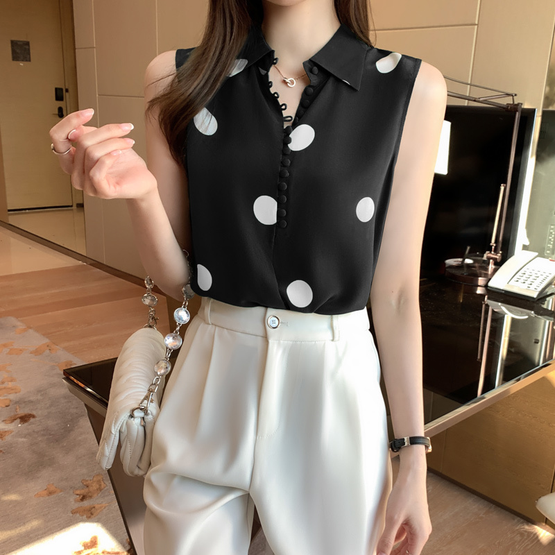 Summer Sleeveless Polka Dot Shirt Woman Casual Printing Women Clothing Button Turn Down Collar Female Blouse Blusas 14452 210508