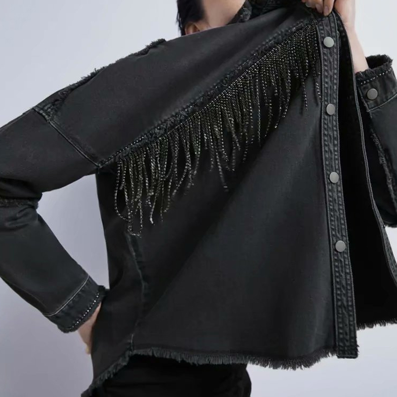 Women's Down & Parkas Shiny accessories tassels Denim Jacket Loose Metal buttons Coat Woman Jeans Irregular punk style Streetwear, Black
Women's Down & Parkas Shiny accessories tassels Denim Jacket Loose Metal buttons Coat Woman Jeans Irregular punk style Streetwear, Black