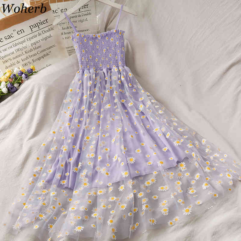 Dresses for Women Print Gauze Sling Vestidos Korean Fashion Summer Robe Slim Waist Ruffles Pleated Dress Woman 94933 210422