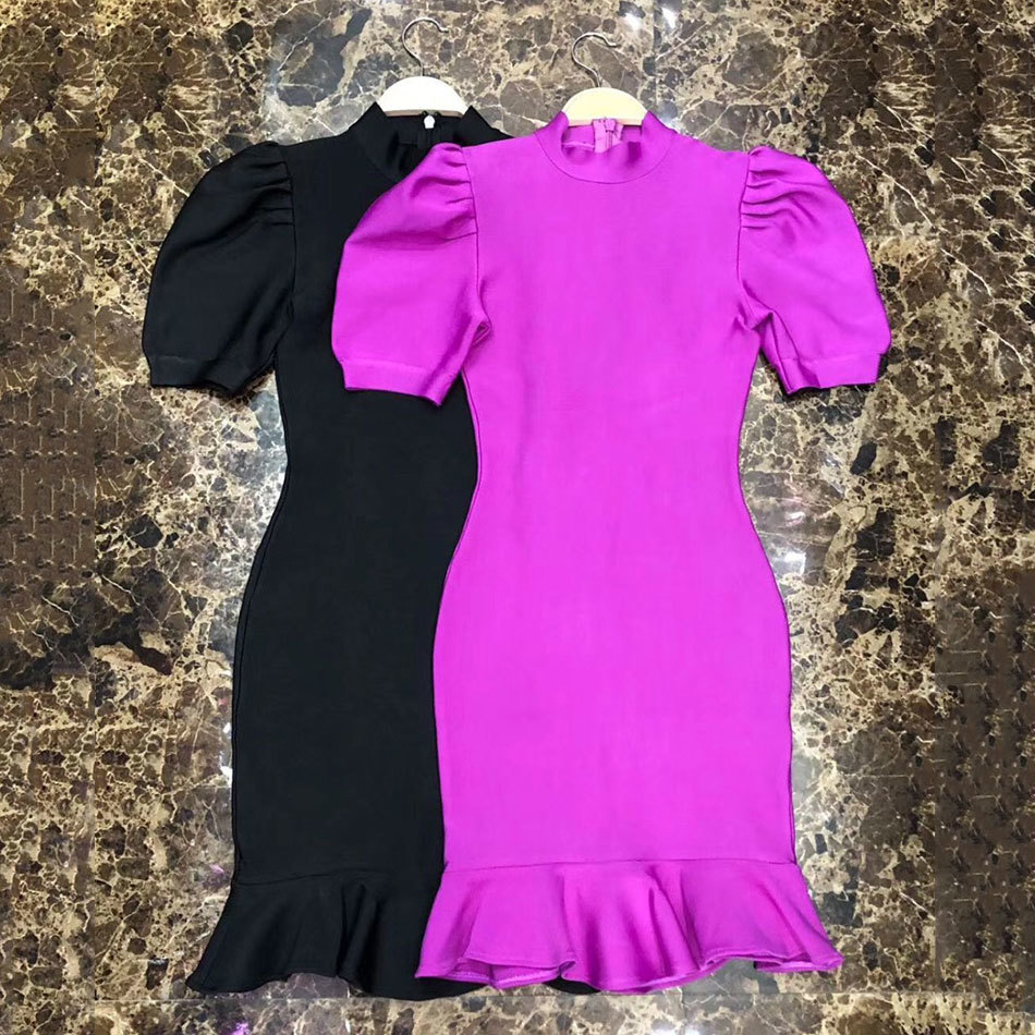 Free High Quality Black Purple Short Sleeve Ruffles Rayon Bandage Dresses Elegant Club Party Vestidos 210524