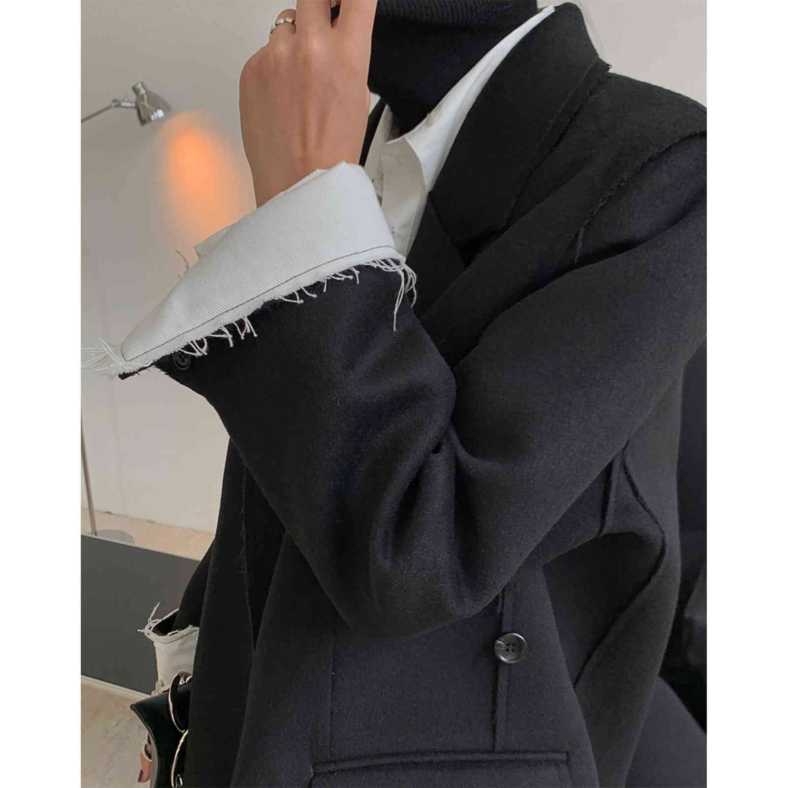 Winter Thickened Woolen Blended Suit Lapel Wide Shoulder Leisure Plus Size Loose Women Black Oversized Blazers And Jackets 211122