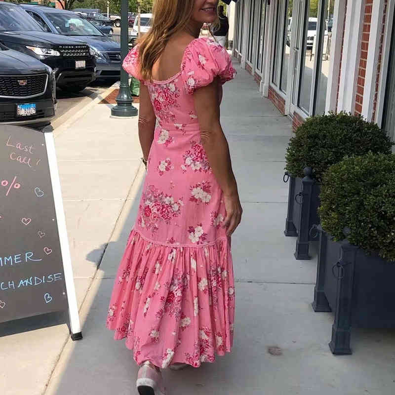 Square Collar Chinese Floral Print Pink Maxi Chiffon Dress for Women Summer Boho Beach Holiday Blue Long 210427