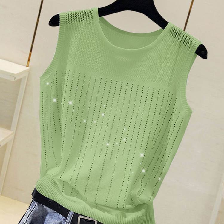 Summer Ice Silk Thin Knitted Vest Women Casual Tank Top Modis Sequined Beading Hollow Out Mesh Shirt Femme 210519