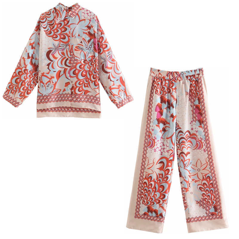 Two Piece Set Women Outfit Za Green Print Shirts Woman Tracksuits Vintage Fashion Summer High Waist Trouser Suits 210930