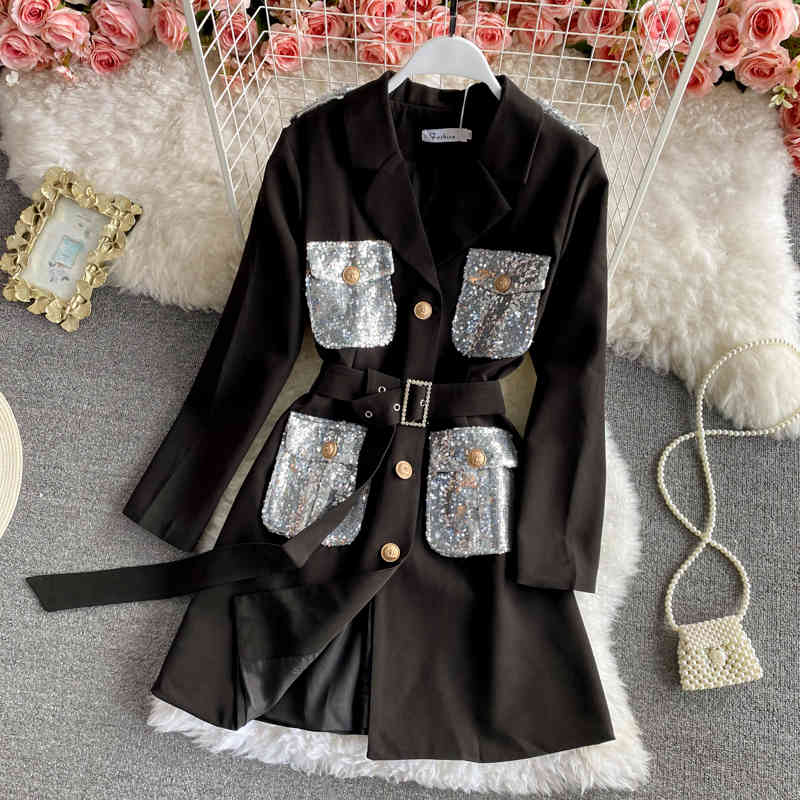 Nomikuma Women Notched Collar Elegant Dress Korean Sequins Pockets Dresses Belt Slim Waist New Vestido Mujer Femme 6F487 210427