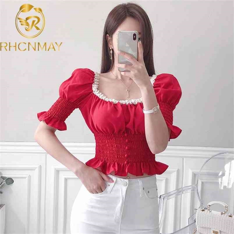 Summer Elegant Square Collar Short Puff Sleeve Blouse Female Fashion Hit Color Office Ladies Shirt 210506