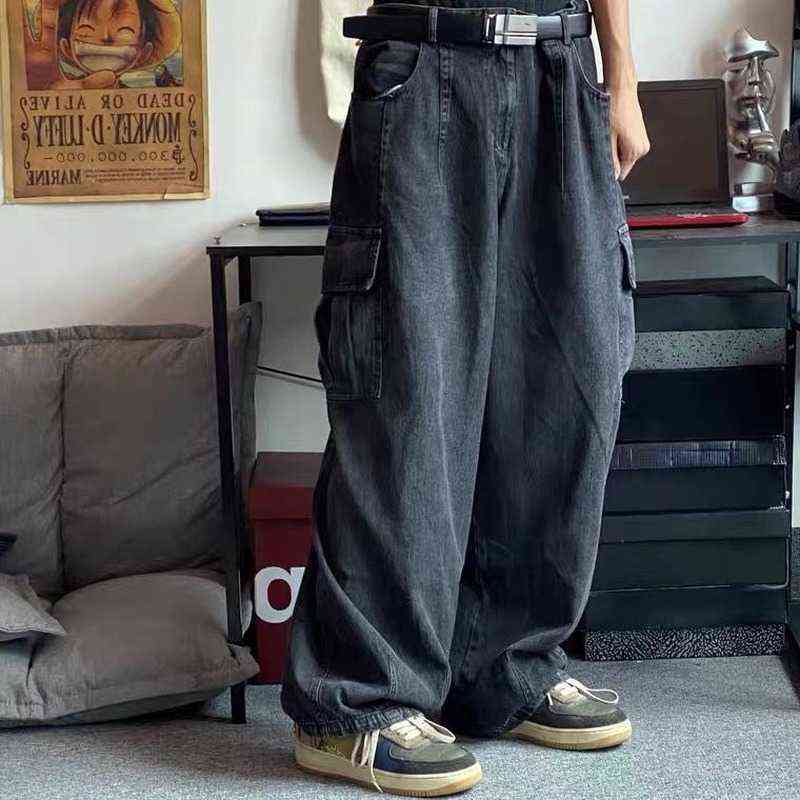 HOUZHOU Baggy Jeans Trousers Male Denim Pants Black Wide Leg Pants Men's Jeans Loose Baggy Casual Korean Streetwear Cargo Jeans 211120