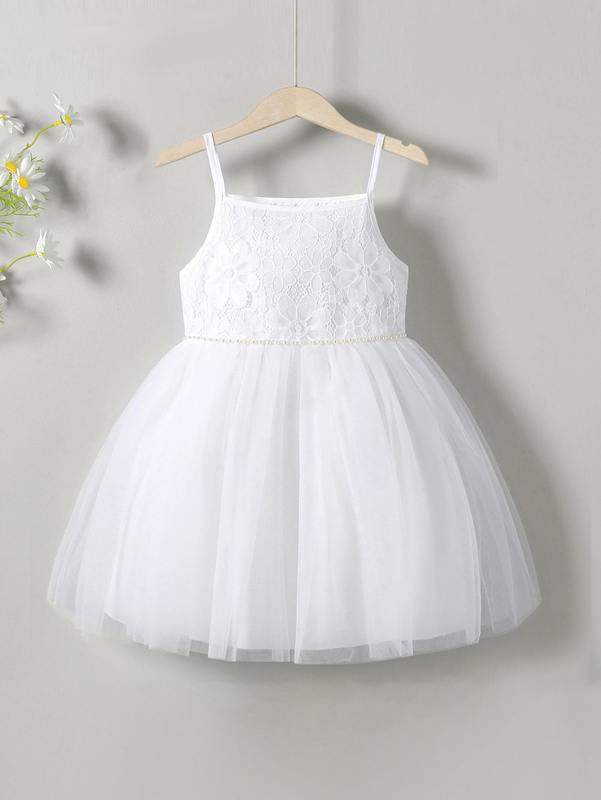 Toddler Girls Contrast Lace Pearl Beaded Mesh Cami Dress SHE