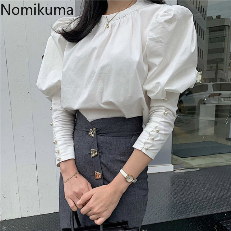 Nomikuma Causal O-neck Elegant Women Blouses Korean Buttons Puff Long Sleeve Shirt Autumn New Solid Blusas Mujer 6D204 210427