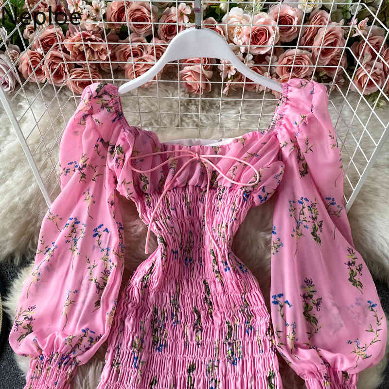 Neploe Spring Dress Woman Square Collar Slim Chiffon Vestidos Ruffles Pleated Lantern Sleeve Floral Robe Bodycon Dresses Women 210422