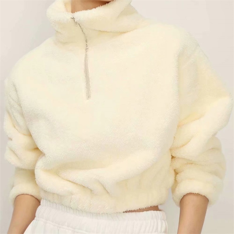 Women Fashion Simplicity Fuzzy Pullover Female Solid Color Female High Neck Zipper Decoration Elastic Hem Hoodies 210520