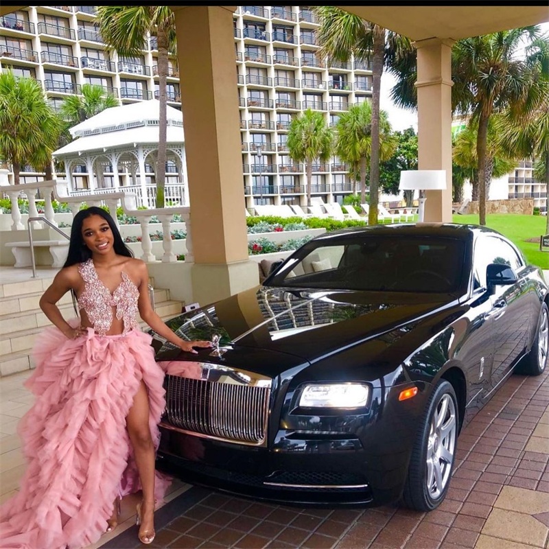 Luxury Pink Prom Dresses Sexy Side Split Ruffles Tulle Appliqued Sequins Beads Sparkly Evening Dress Robe De Mariée Custom Made