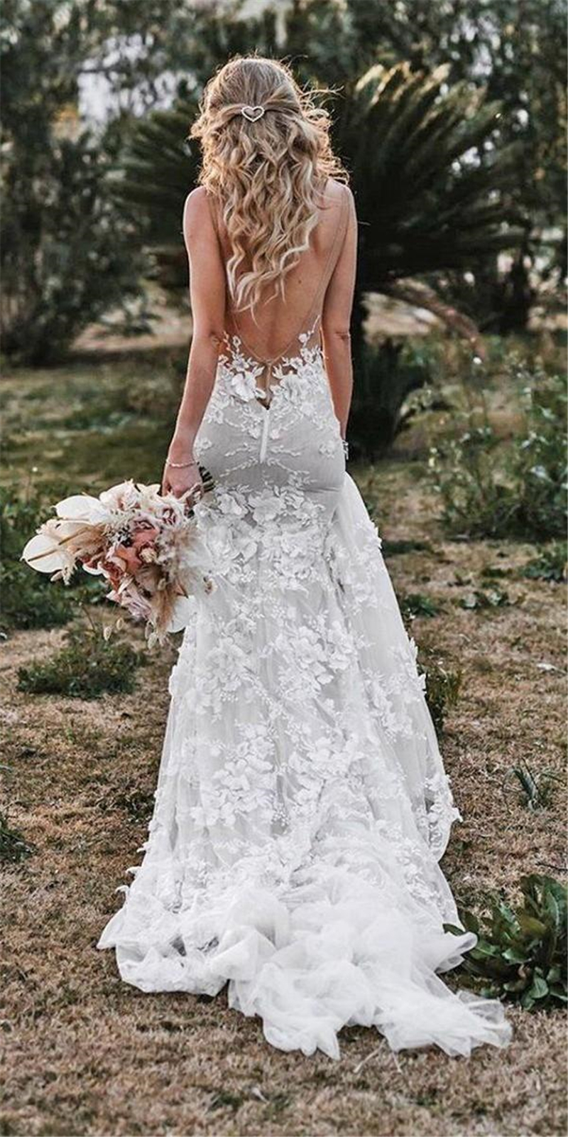 Mermaid Vintage Spaghetti Wedding Dress 2021 V-neck Backless Lace Appliques 3D Flowers Country Bridal Gown Plus Size Custom Made