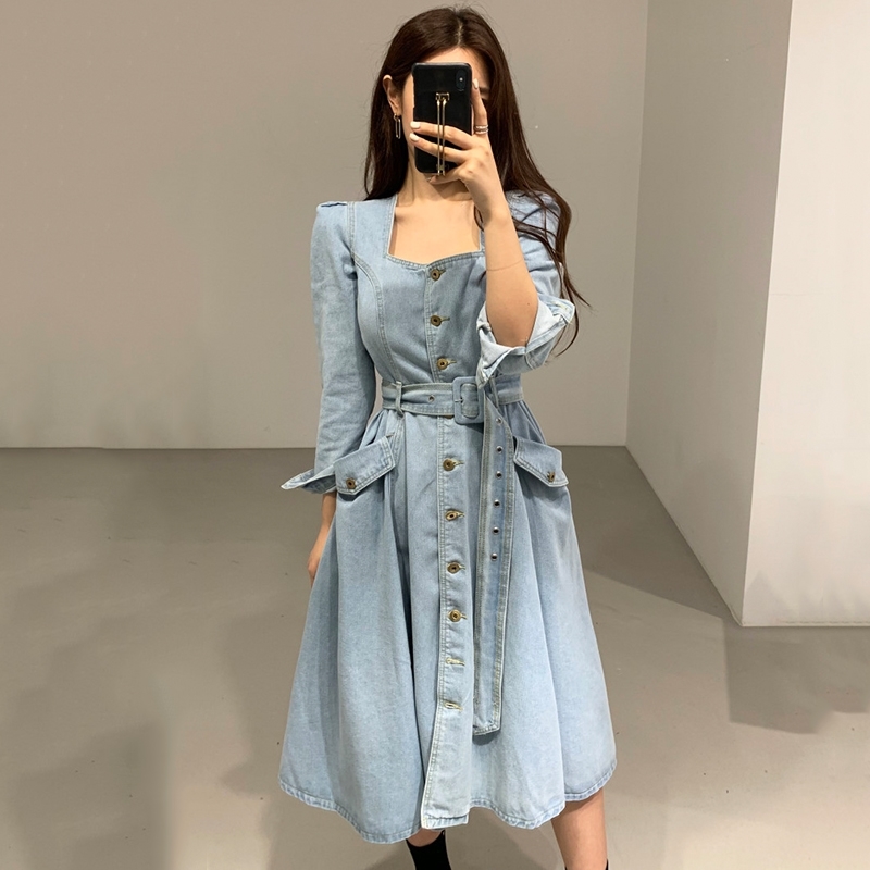 Autumn And Winter Women Denim Dresses Casual Mid-Calf Square Collar Single Breasted Pockets Office Chic 210520