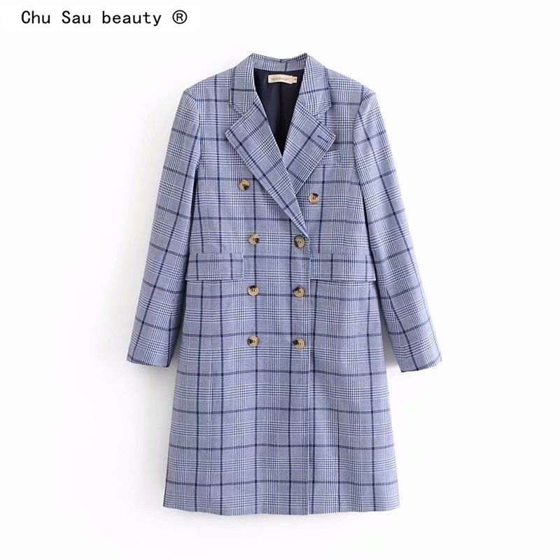spring autumn Korean blue plaid blazer coat windbreaker double-breasted casual British style long suit jacket for woman 210508