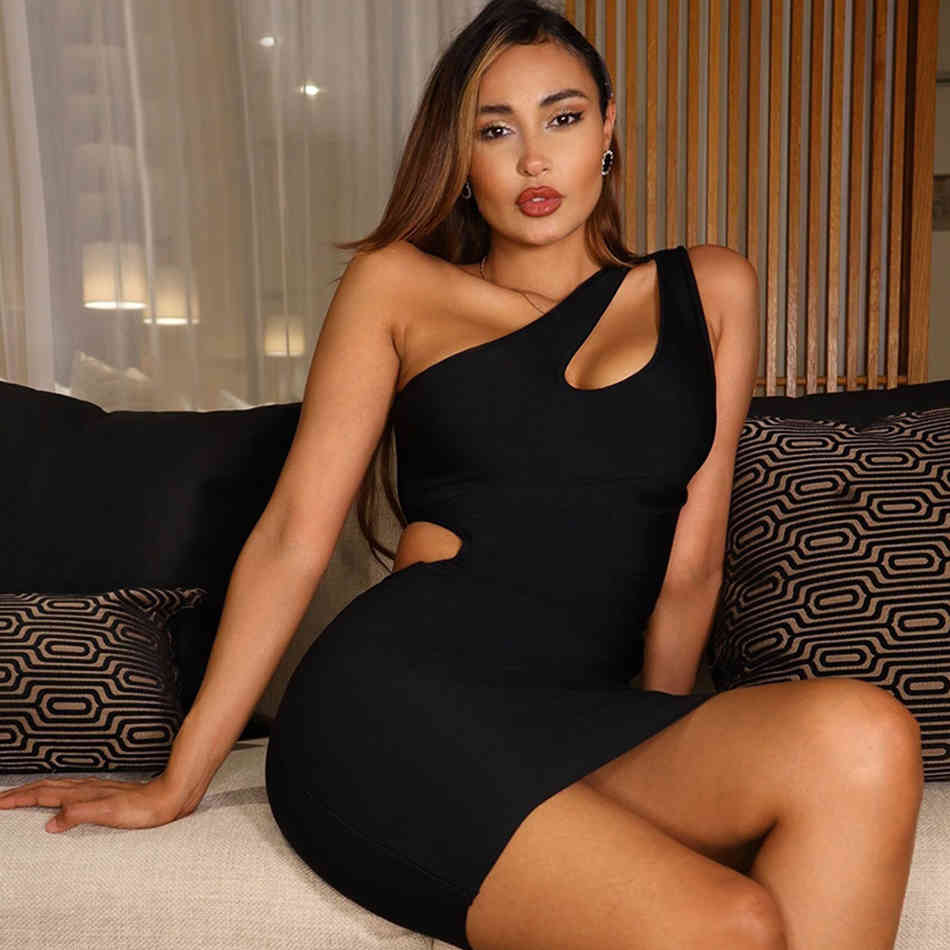 Summer Women Black One Shoulder Bandage Dress Sexy Sleeveless Hollow Out Club Celebrity Runway Bodycon Party 210423