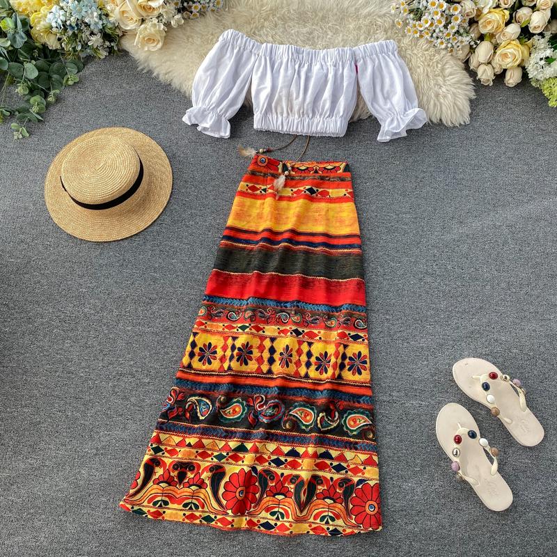 Gagarich Women Two Piece Set Bohemian Style Fashion Female Short Sleeve Crop Shoulder Tops Wild Long Split Skirt Dress