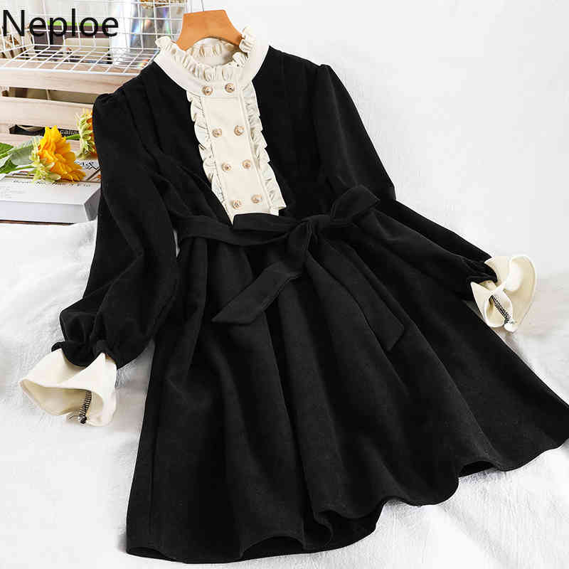 Neploe Stand Neck Dress Woman Dresses Slim Waist Temperament Vestidos Fall Clothes Robe Ruffles Midi Bandage Dresses Women 210422