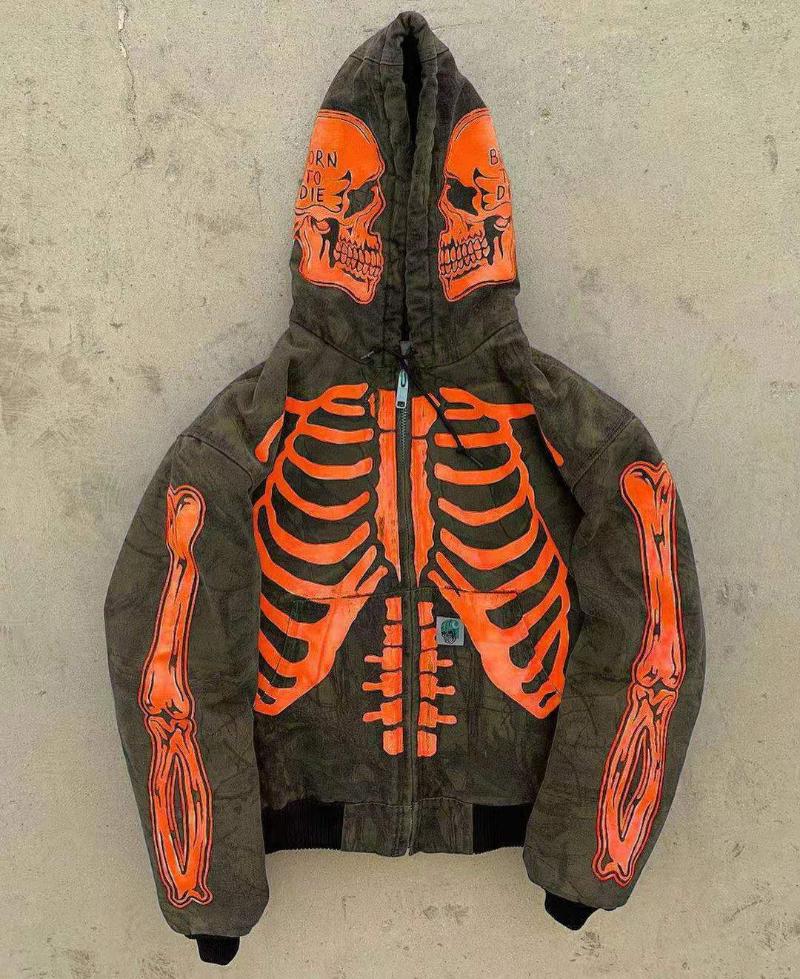 Men's Jackets Men Streetwear High Street Skull Skeleton Print Hoodie Cardigan Oversized Casual Sweatshirt Fashion Vintage Coats Autumn S-4XL