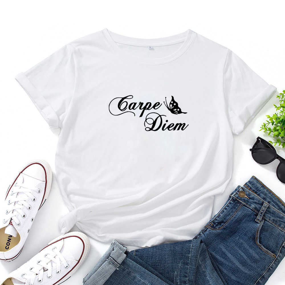 Carpe Diem Pattern Printing Graphic Tees Women Black Red Letters Personalized T-shirt Women O-neck Loose Cotton Woman Tshirt Top 210527