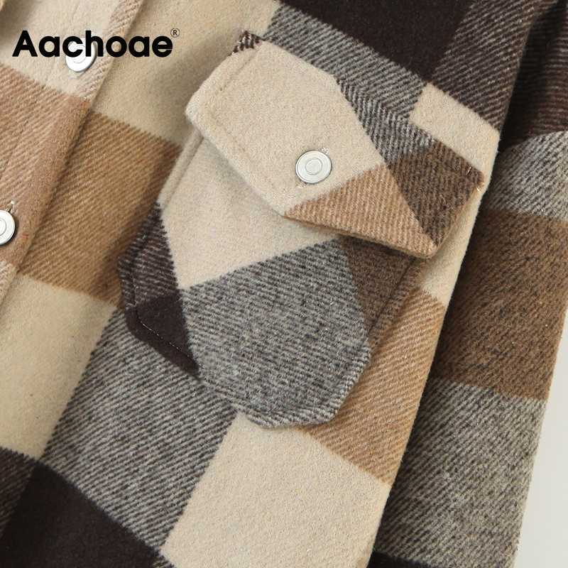Aachoae Loose Casual Wool Plaid Jacket Women Turn Down Collar Fashion Coat With Pockets Autumn Long Sleeve Ladies Jackets Coats 210722