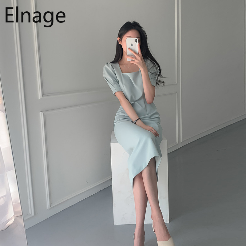Korean Style Chic Slim Square Collar Pleated Bubble Short Sleeve Wrap Hips Dress Women A Line Long Summer Dresses White 5B284 210429