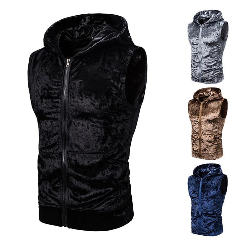 Vest Men Bright Velvet Hooded Zipper Pocket Sweatshirt Vests Jacket Fashion Casual Wild Coat Spring 2021 Men's Jackets