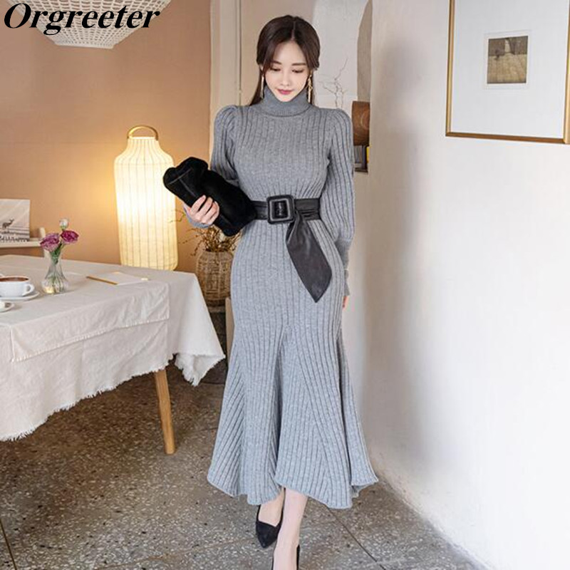 Gray Lantern Sleeve Long Knitted Dress Warm Winter Turtleneck Sweater PU belt Slim Bodycon Mermaid Women 210525
Gray Lantern Sleeve Long Knitted Dress Warm Winter Turtleneck Sweater PU belt Slim Bodycon Mermaid Women 210525