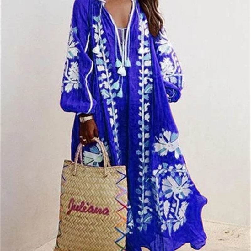 Women Dress V-neck Lantern Sleeve Lace Plus Size Summer Dresses Long Blue Fashion Sexy 210524
