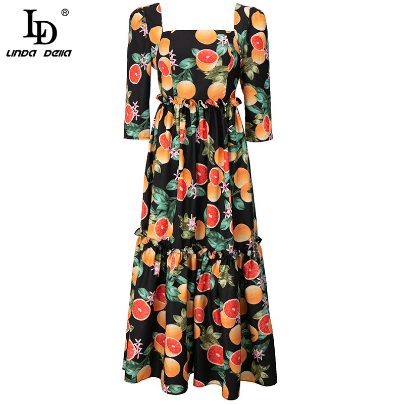 Bohemia Vacation Midi Dress Women Fashion Runway Summer Square collar Red pomelo Print Vintage cotton 210522