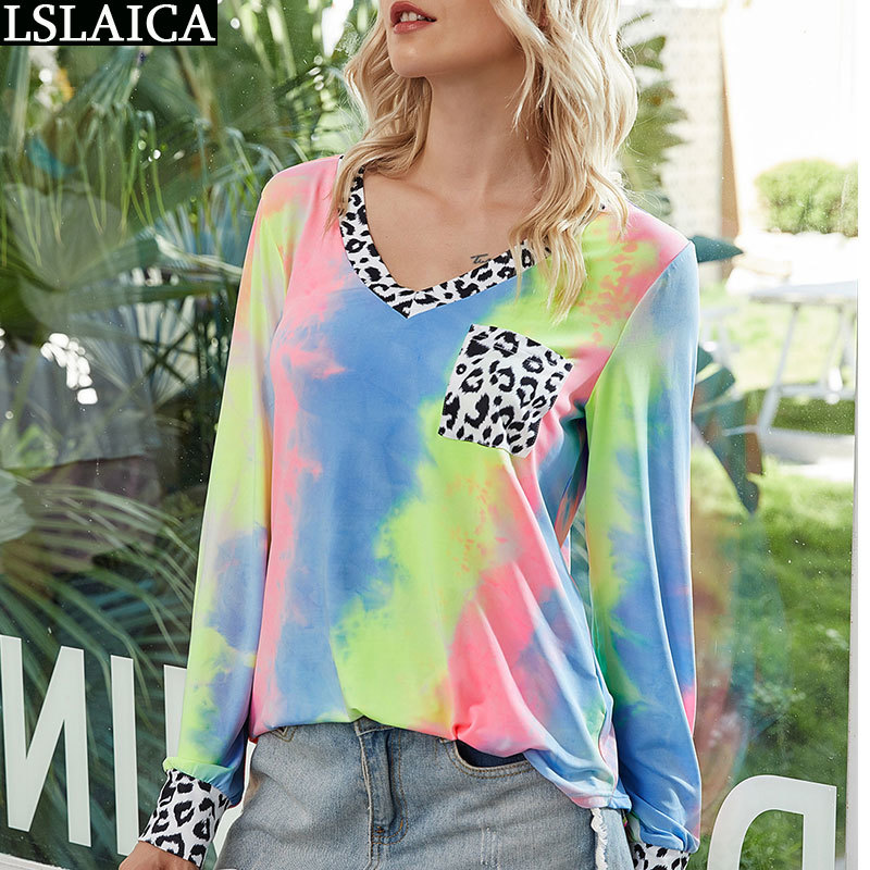 T Shirt Women V-Neck Long Sleeve ops Leopard Colorful Patchwork Shirts Casual Loose ie-Dye 210520