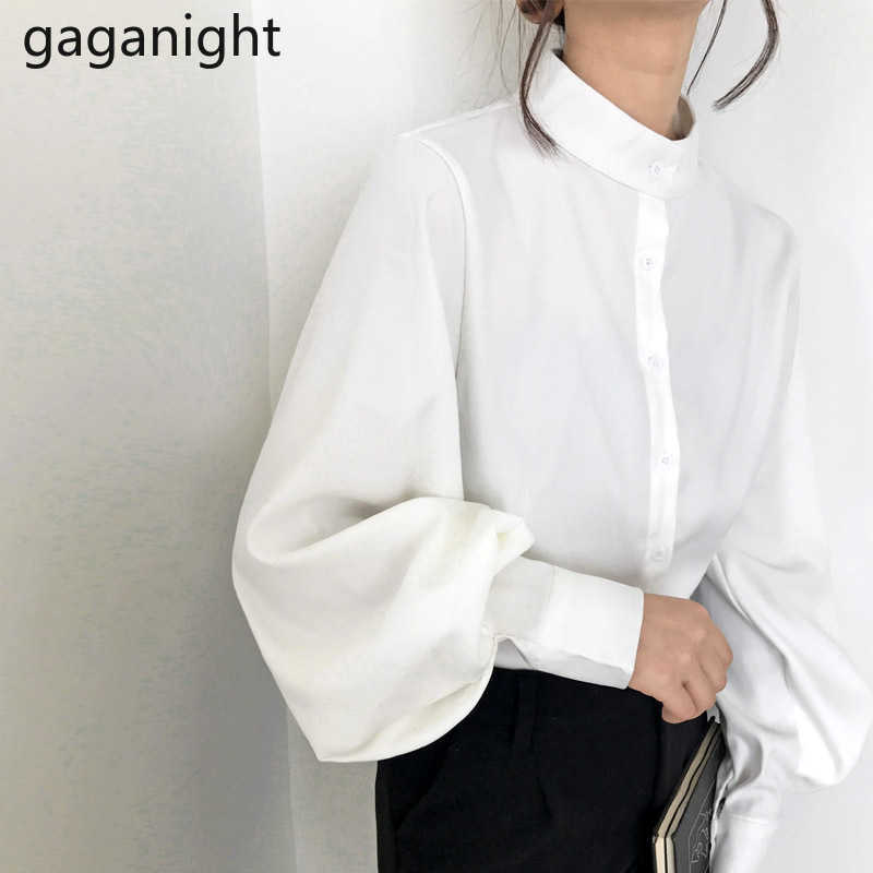 Korean Fashion Top Women Stand Long Lantern Sleeve Shirts Single Row Multi Button Black Ladies Blouse Spring 210601