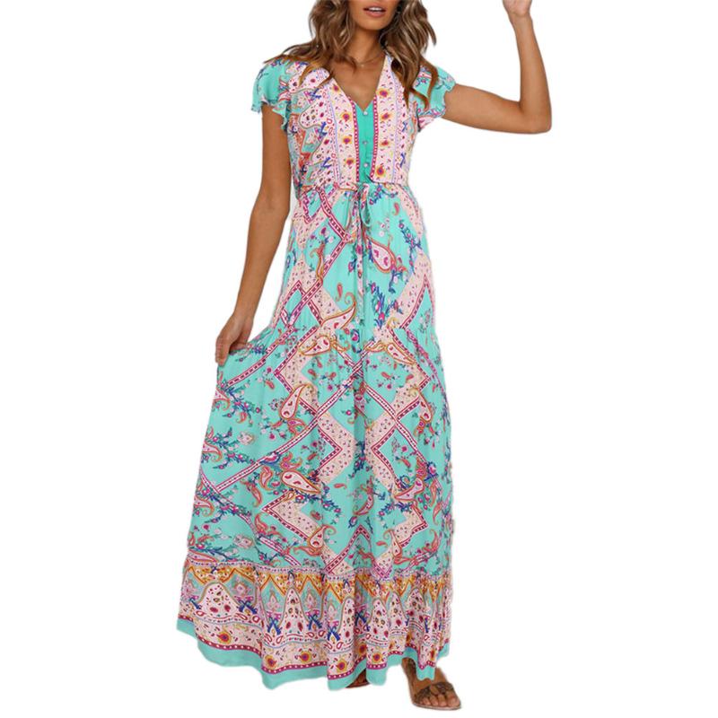 Casual Dresses Summer Women Printed Boho Long Maxi Dress Short Sleeve Kaftan Beach Sundress Bohemian Style Ladies