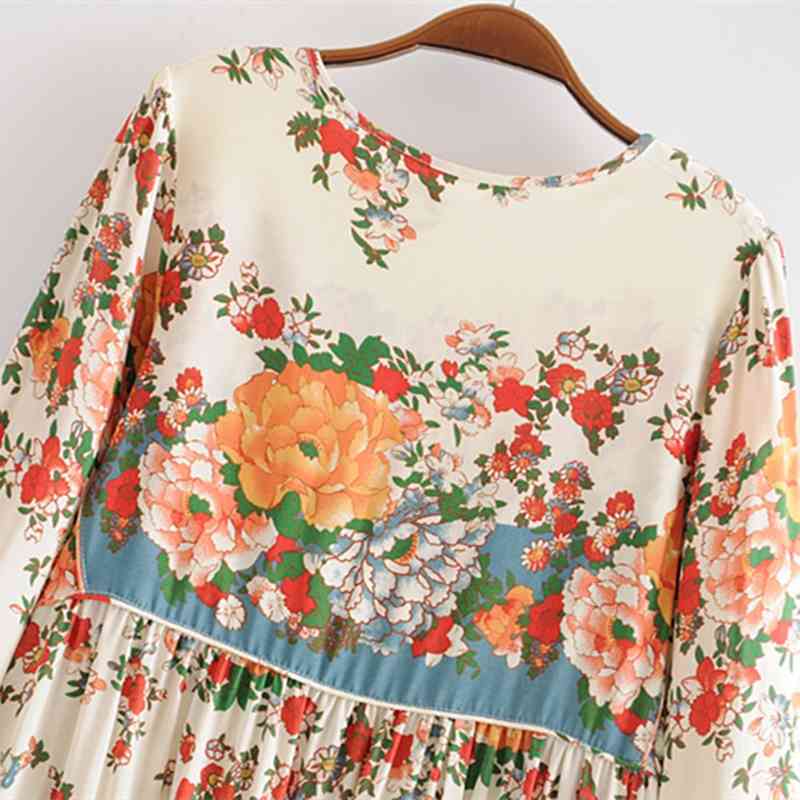 beauty Fashion Boho Floral Print Maxi Dress Women Summer Chic Holiday Wear O-neck Bow Tie Loose Long Dresses Female 210514