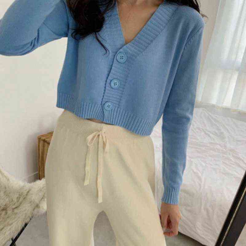 Women Autumn Long Sleeve Sweater Cardigan Sexy V-Neck Button Down Cropped Jacket Sweet Solid Candy Color Loose Knitted Outwear C 211109
