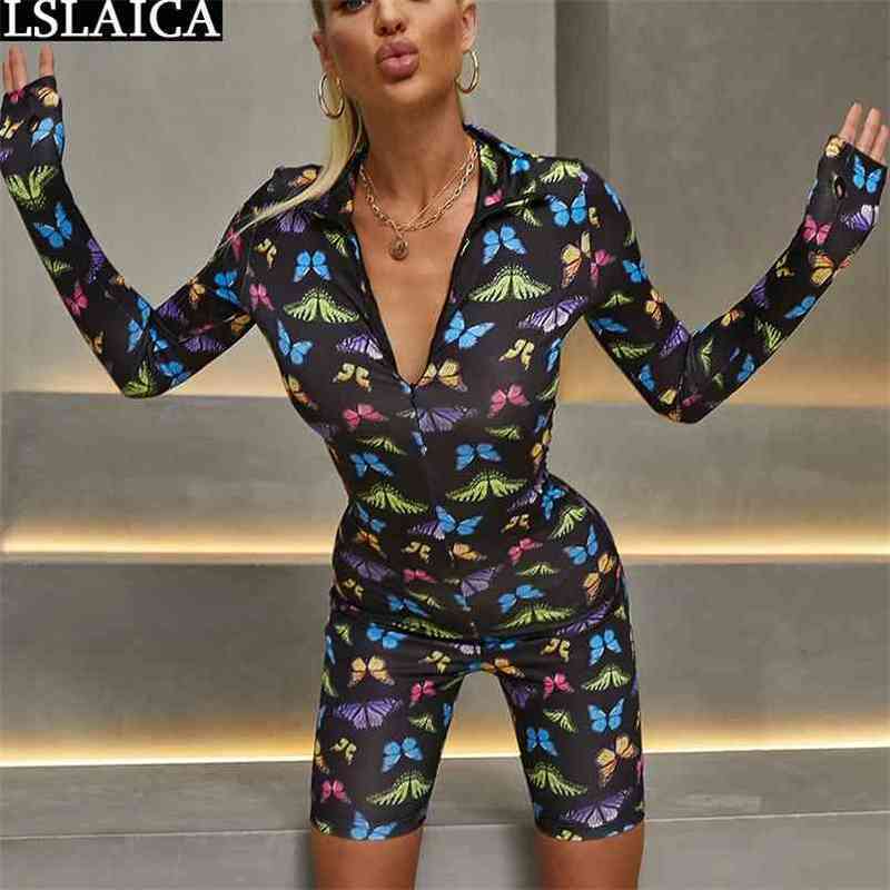 Sexy Rompers Womens Jumpsuit Autumn Turtleneck Zipper Long Sleeve Fashion Slim Black Bodysuit Short Pants 210515