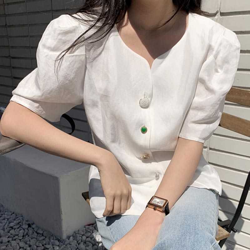 Korejpaa Women Shirt Summer Korean Chic Ladies Elegant Temperamen V-Neck Single-Breasted Solid Color Puff Sleeve Blouses 210526