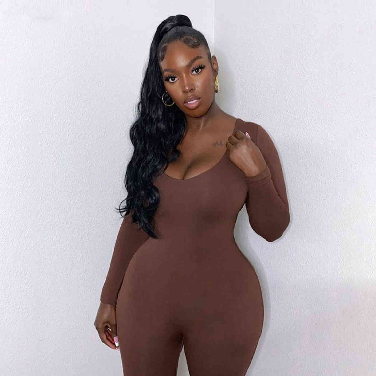 Autumn Long Sleeve Sexy Slim Fit Slimming Jumpsuit Women's Yoga Suit Solid Color Hip Lift Leggings 211119