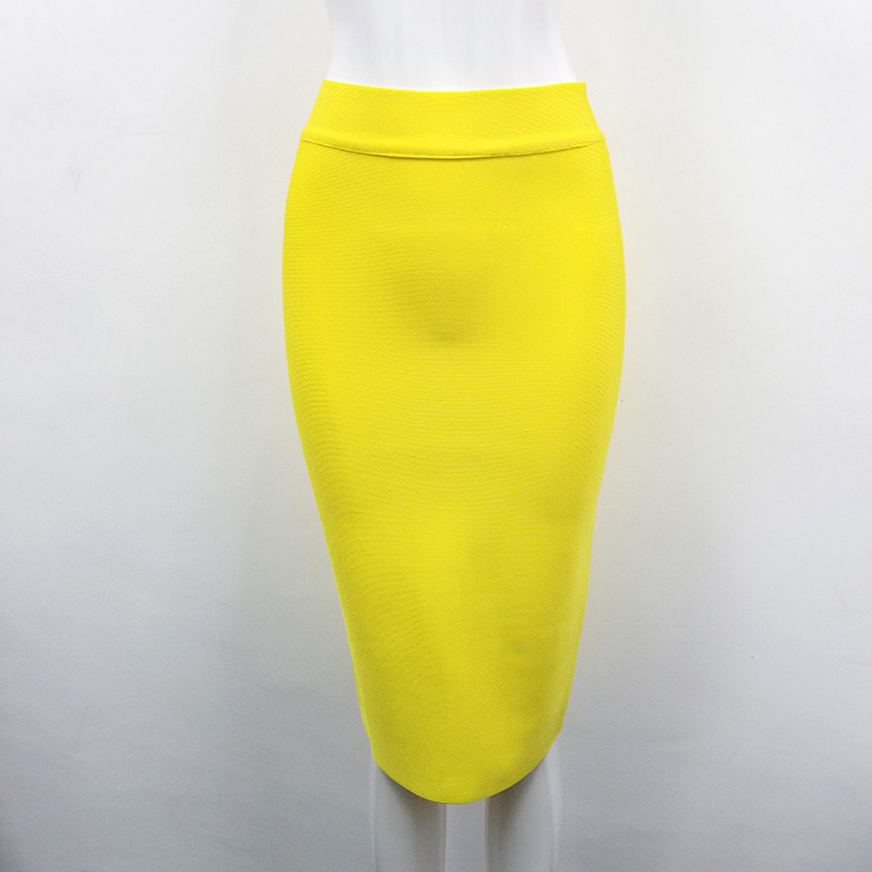 Top Quality ladies skirt Knee Length black yellow green rayon Bandage Pencil Women Fashion Formal Skirt free 210525
