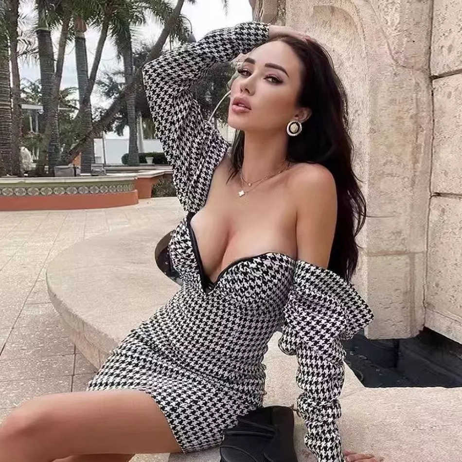 Women's Fashion Houndstooth Pattern Design Sexy Puff Sleeve Off Shoulder Hanging Celebrity Party Club Mini Dress 210527, Black
Women's Fashion Houndstooth Pattern Design Sexy Puff Sleeve Off Shoulder Hanging Celebrity Party Club Mini Dress 210527, Black