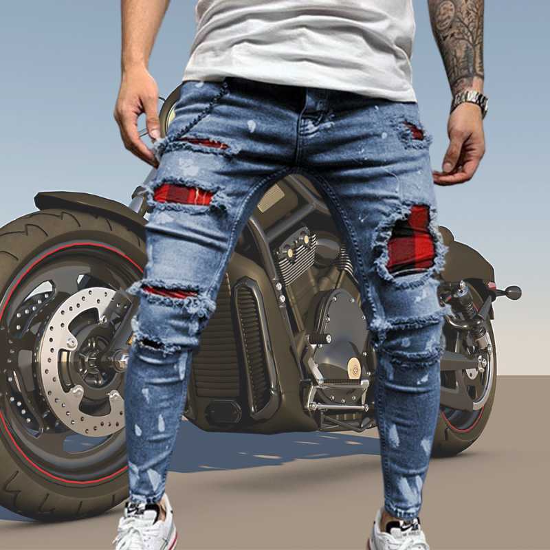 Men's Ripped Skinny Jeans Slim Locomotive Hole Pencil Pants Zipper Biker Hip Hop Denim pants Jogging Street Clothes Man X0621