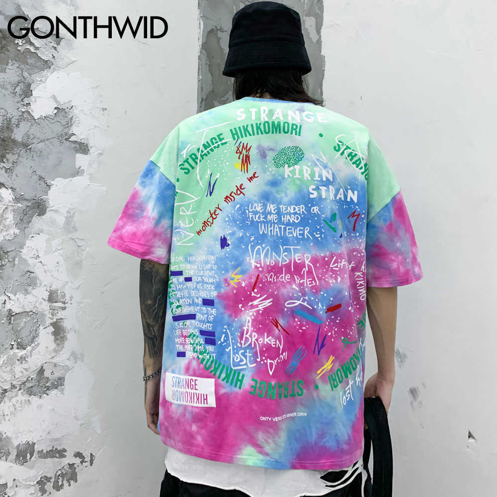 GONTHWID Tie Dye Tees Shirts Streetwear Hip Hop Graffiti Print Short Sleeve Tshirts Mens Harajuku Hipster Casual Tops Fashion 210623