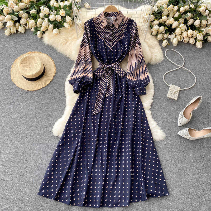 DEAT Women Printing Dress Turn-down Collar Long Sleeve Arrivals Lady Temperament Fashion Spring Autumn 11D2014 210709