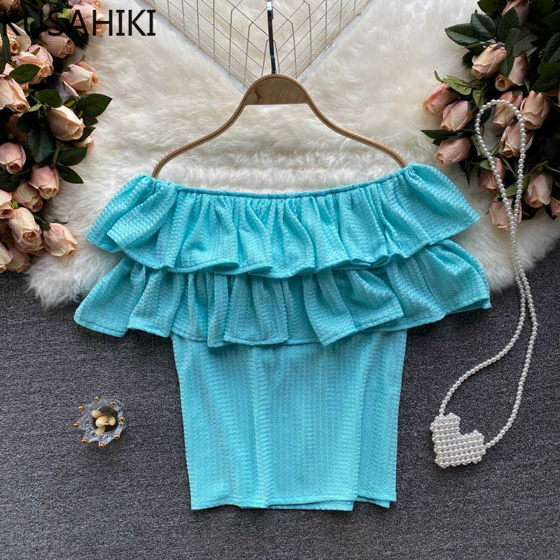 KUSHAIKI Off Shoulder Strapless Blouse Tops Causal Korean Double Ruffle Patchwork Shirt Summer Solid Blusas De Mujer 6J262 210602, Blue
KUSHAIKI Off Shoulder Strapless Blouse Tops Causal Korean Double Ruffle Patchwork Shirt Summer Solid Blusas De Mujer 6J262 210602, Blue